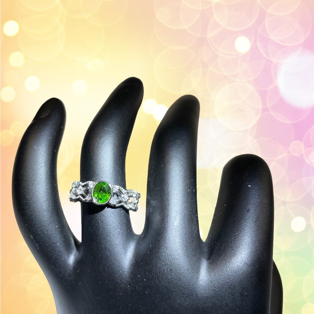 Silver plate Green Diopside stone with CZ lace style ring